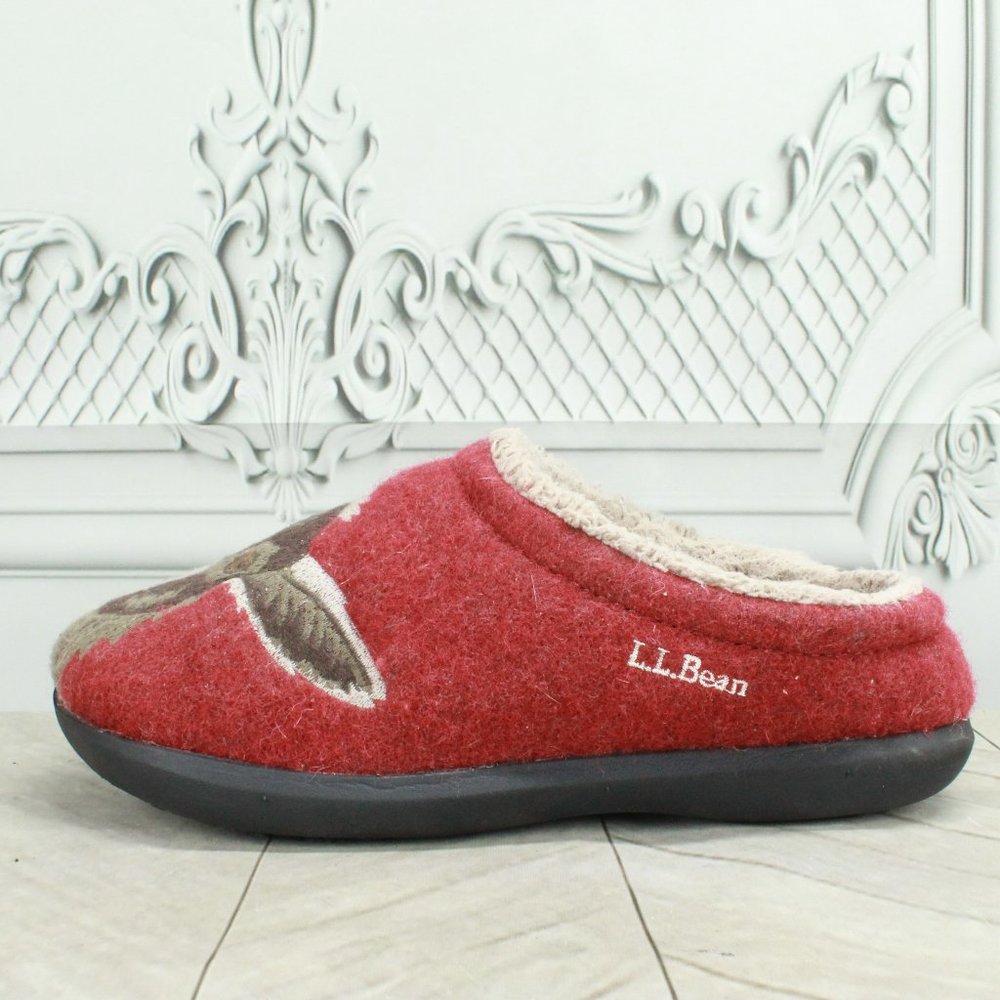 LL Bean Red Wool Daybreak Goat Motif Fleece Scuffs Slippers Size 7 Medium - Picture 2 of 8